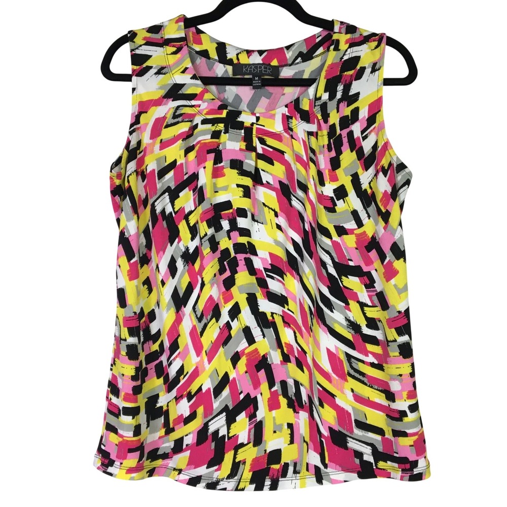 Kasper Abstract Geometric Print Sleeveless Pleated Knit Top Size M Multicolor